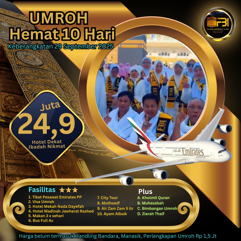 Paket Umroh hemat 10 hari 29 september 2025 by emirates